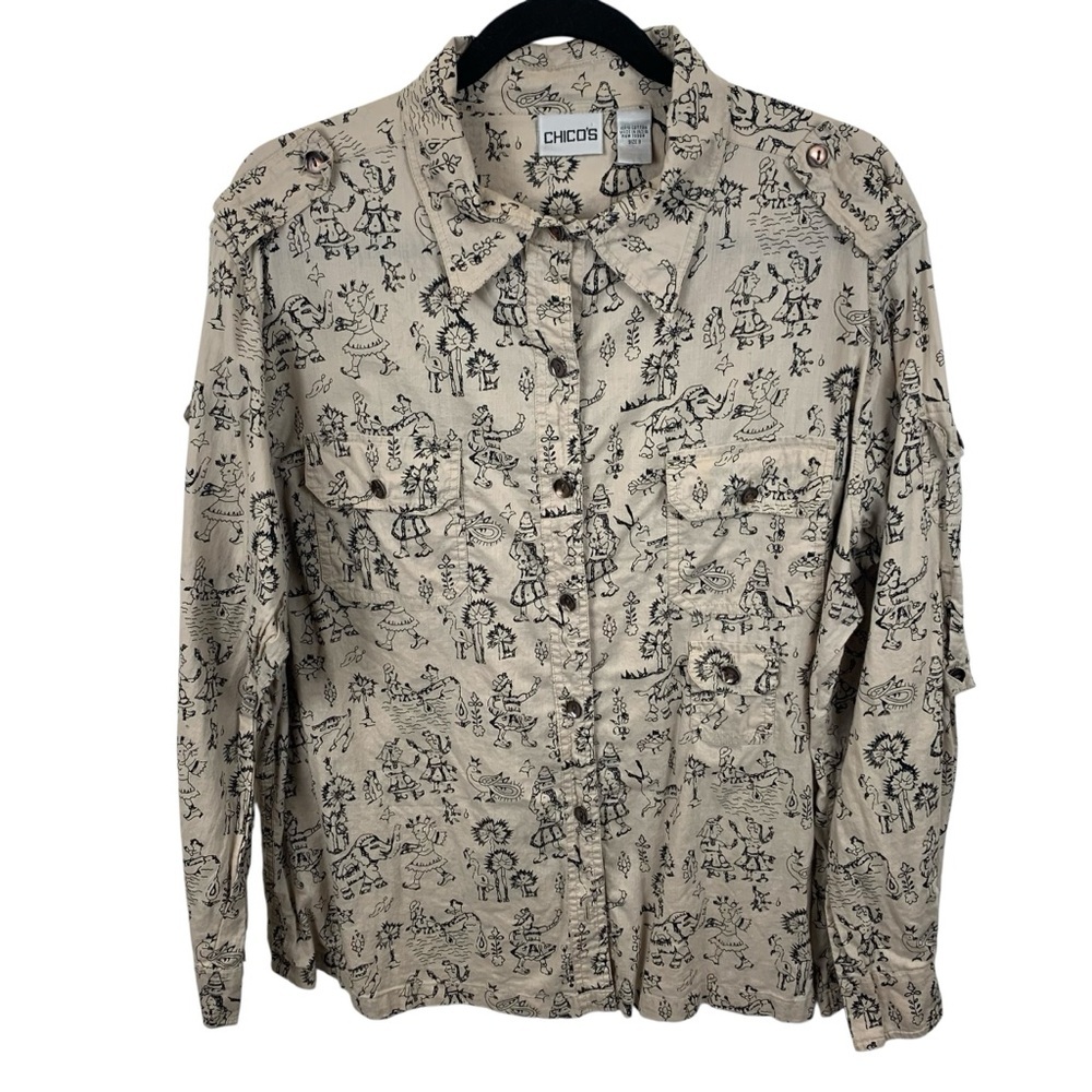 Vintage Chico's Graphic Blouse 3/XL Beige Whimsical Folksy Tribal Animals Safari